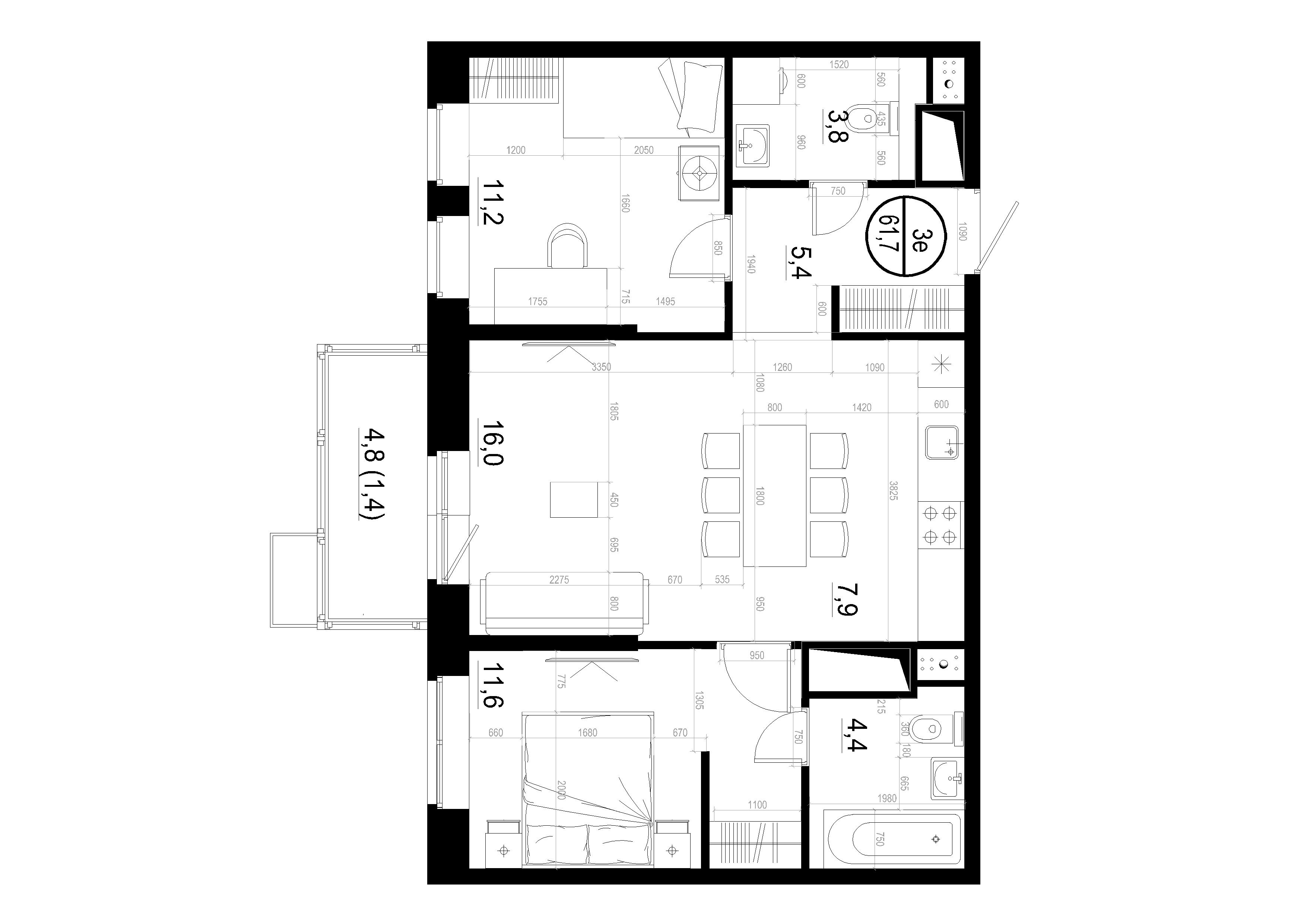 2 комн. квартира, 61.7 м², 16 этаж 