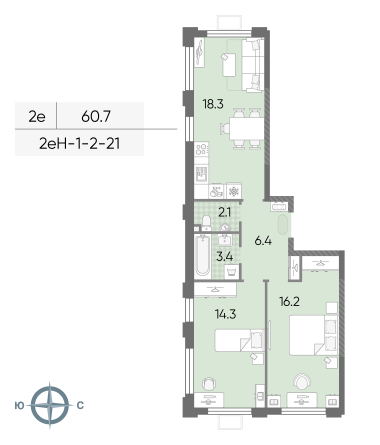 2 комн. квартира, 60.7 м², 18 этаж 