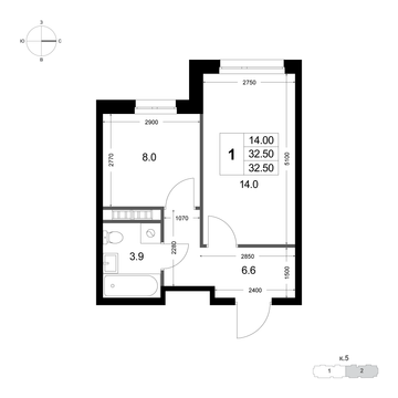 1 комн. квартира, 32.5 м², 1 этаж 
