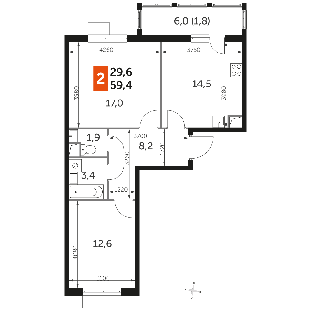 2 комн. квартира, 59.5 м², 1 этаж 