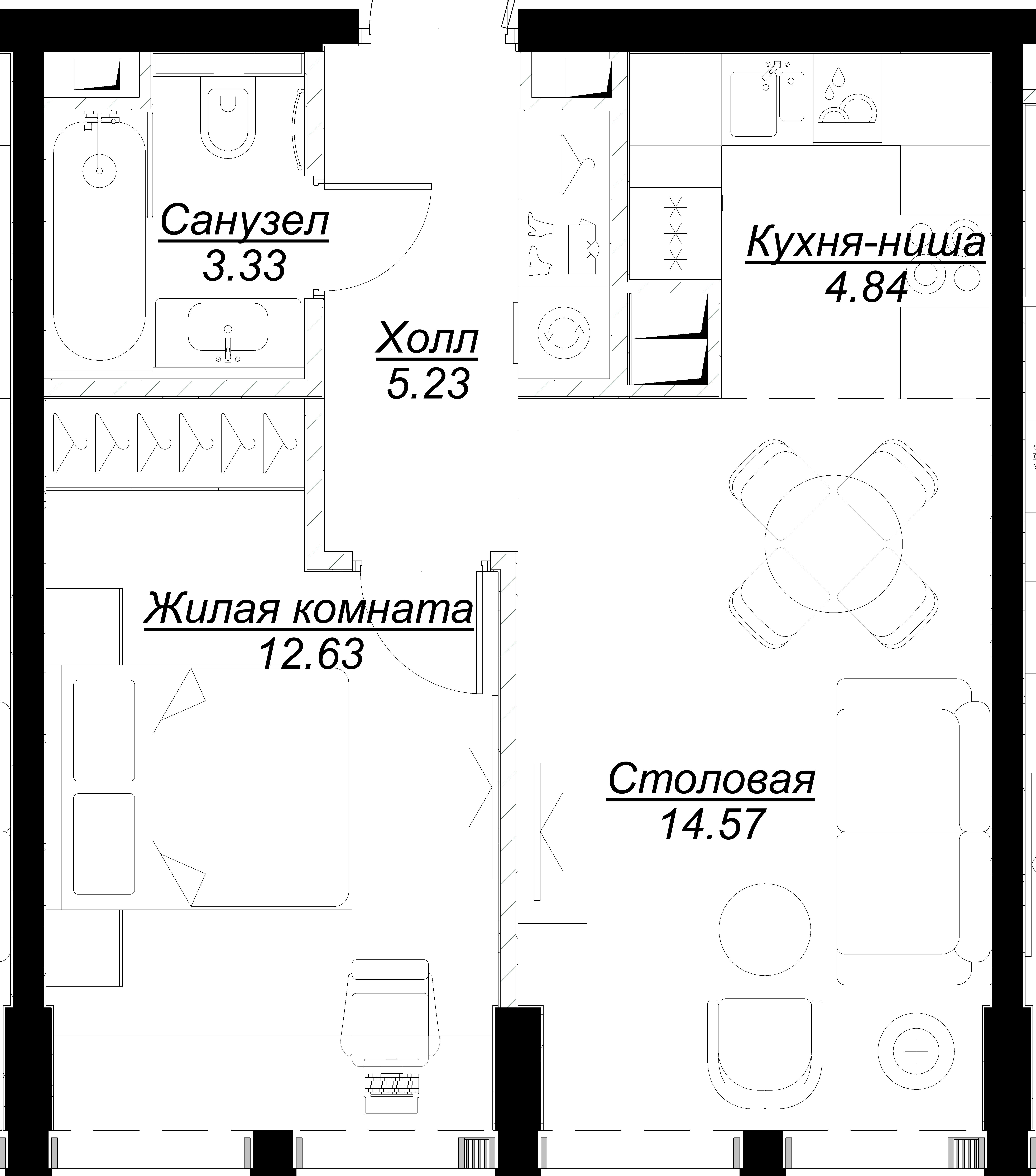 1 комн. квартира, 41.1 м², 33 этаж 
