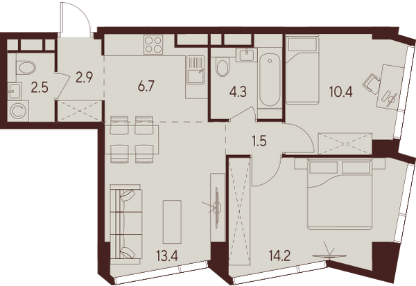 2 комн. квартира, 55.9 м², 19 этаж 
