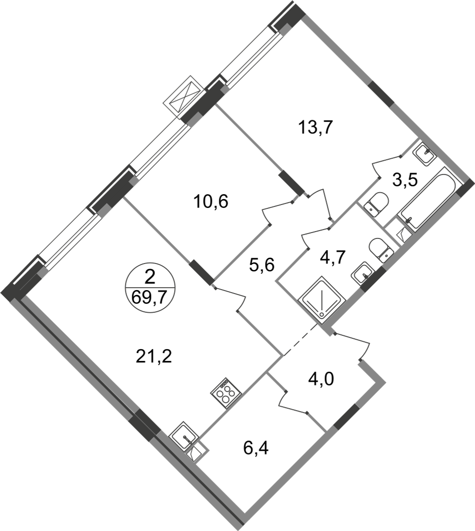 2 комн. квартира, 69.7 м², 1 этаж  (из 9)
