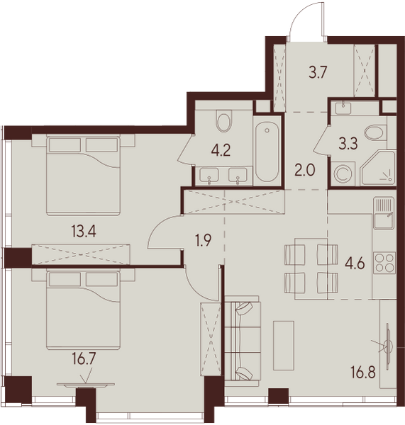 2 комн. квартира, 66.6 м², 13 этаж 