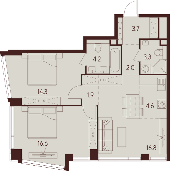 2 комн. квартира, 67.4 м², 16 этаж 