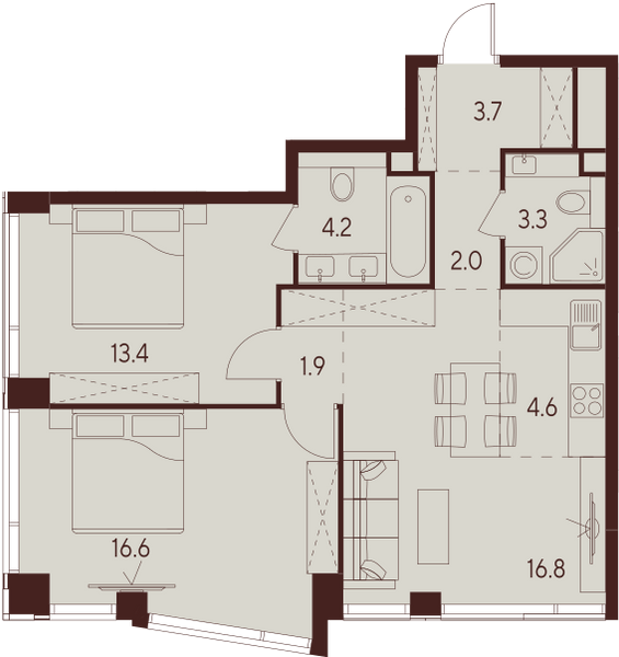 2 комн. квартира, 66.5 м², 17 этаж 