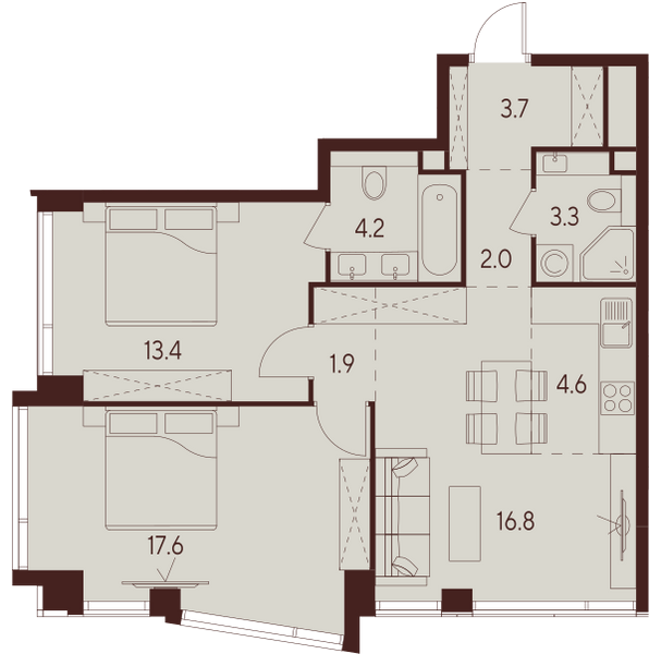 2 комн. квартира, 67.5 м², 19 этаж 