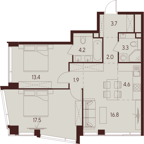 2 комн. квартира, 67.4 м², 21 этаж 