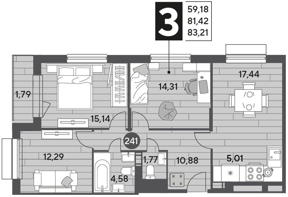 3 комн. квартира, 83.2 м², 9 этаж 