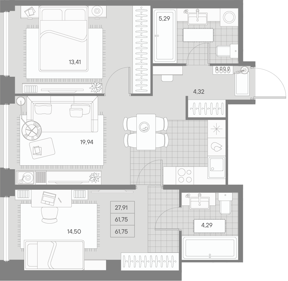 2 комн. квартира, 61.8 м², 2 этаж 