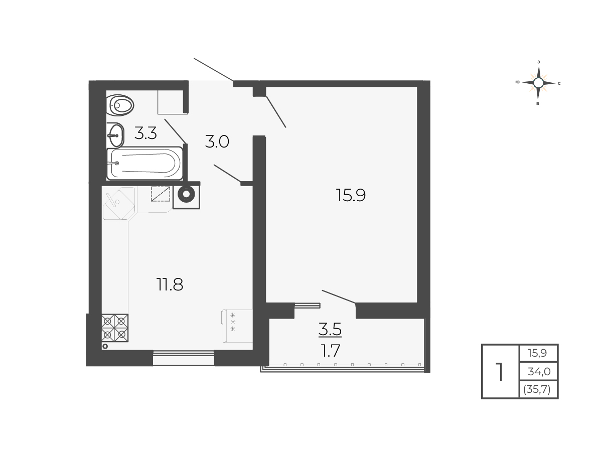 1 комн. квартира, 35.7 м², 2 этаж 
