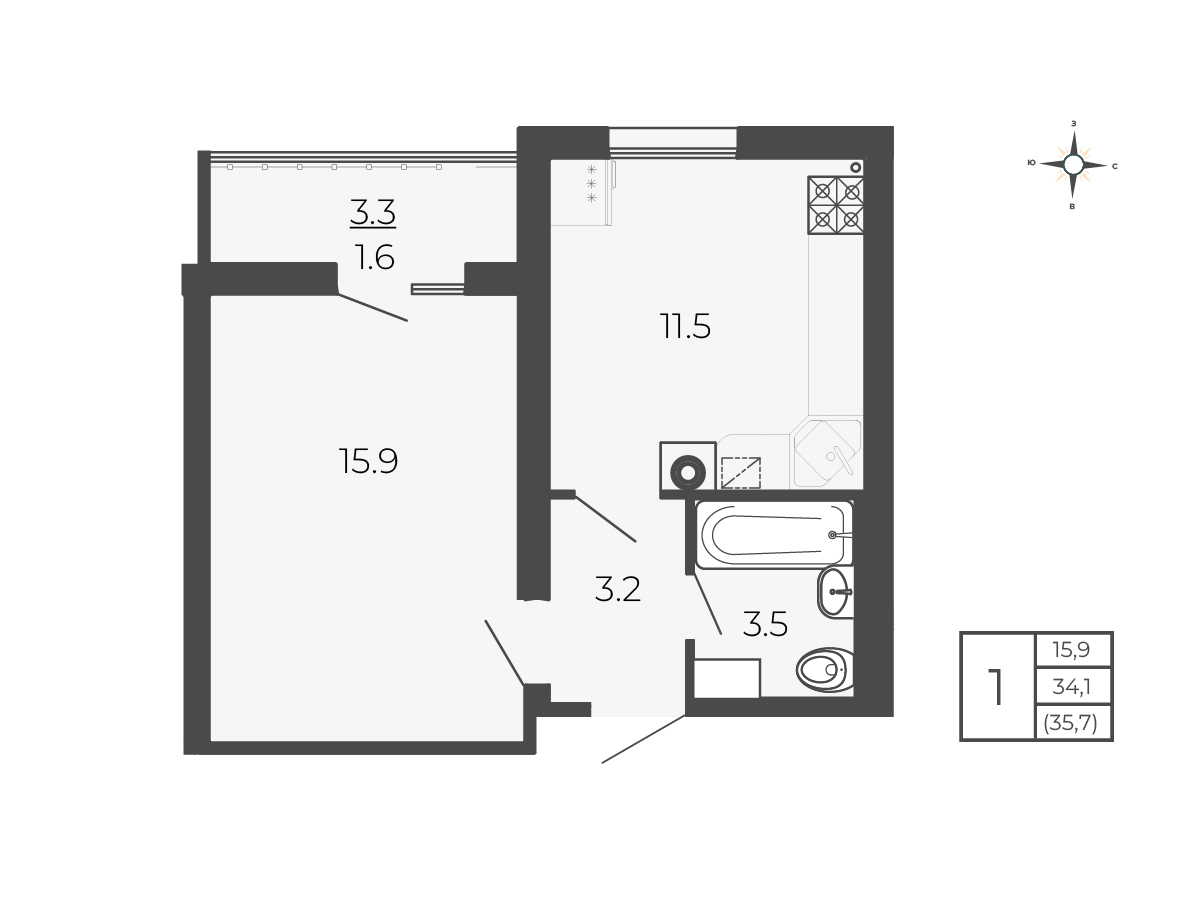 1 комн. квартира, 35.7 м², 1 этаж 