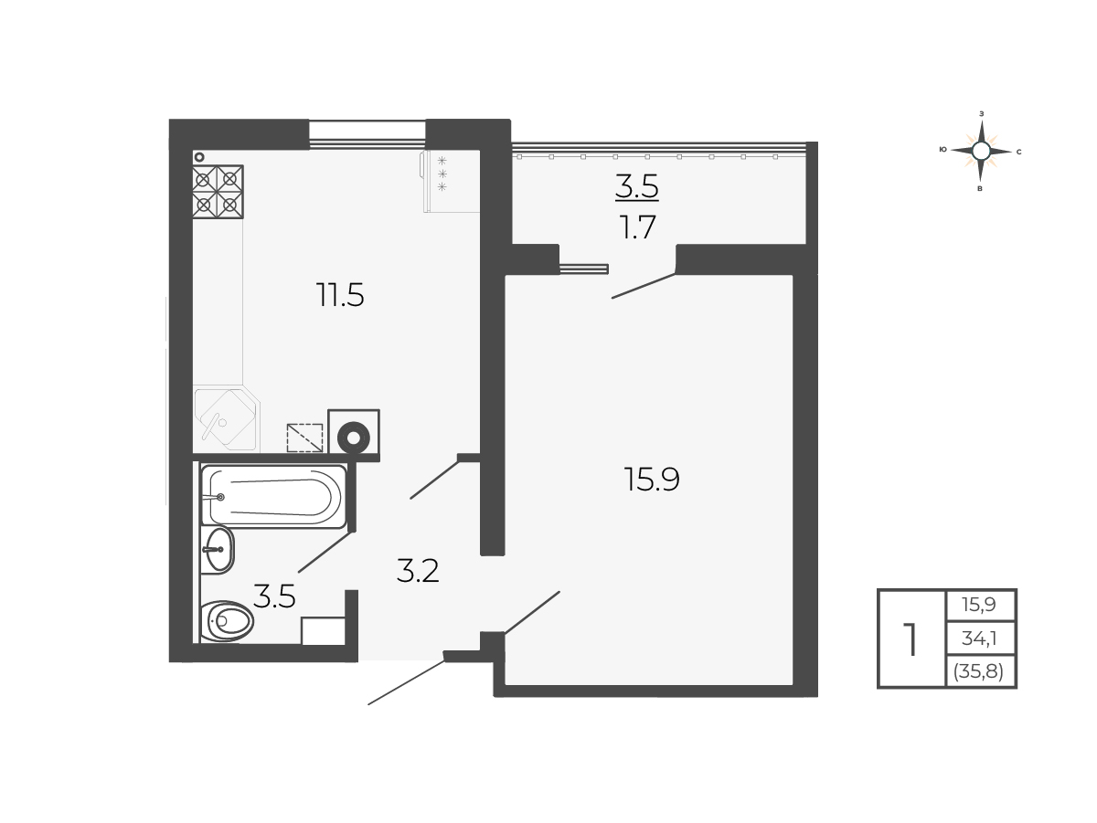1 комн. квартира, 35.8 м², 1 этаж 