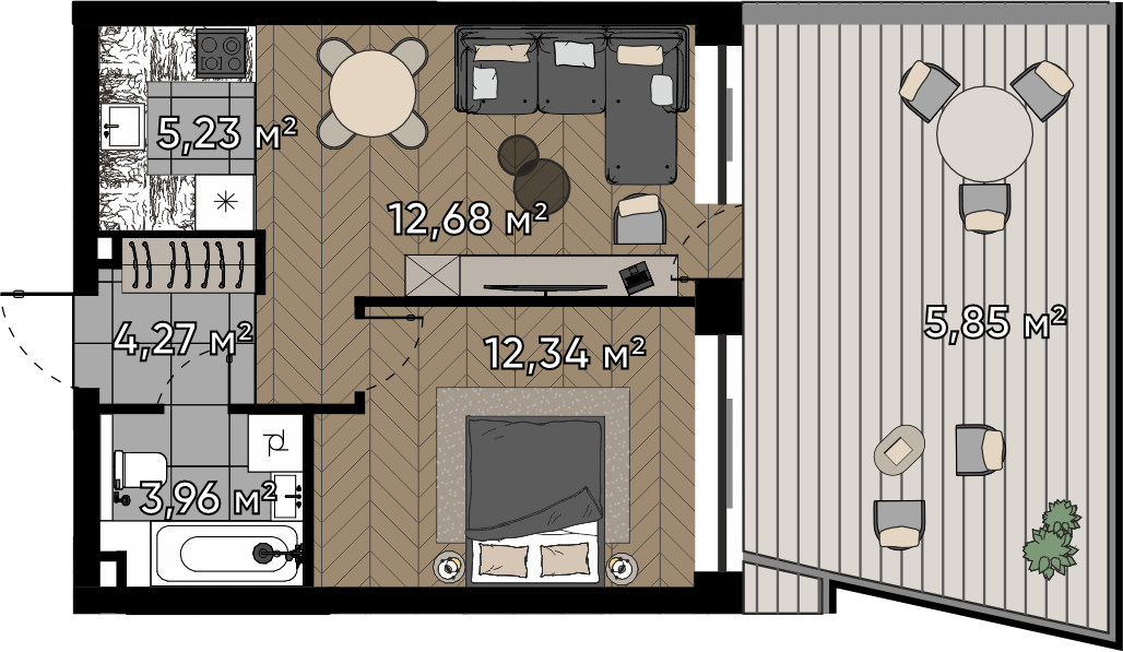 1 комн. квартира, 44.3 м², 2 этаж 