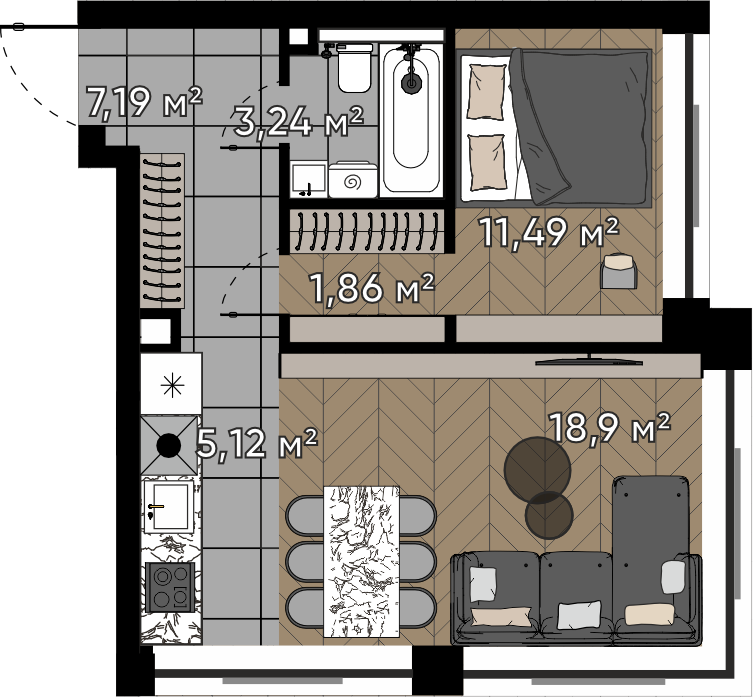 1 комн. квартира, 47.8 м², 3 этаж 