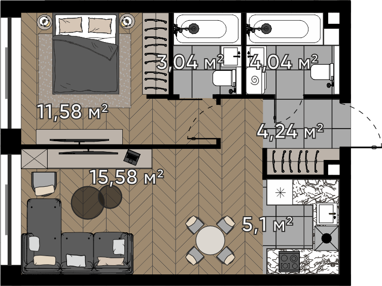 1 комн. квартира, 43.6 м², 9 этаж 