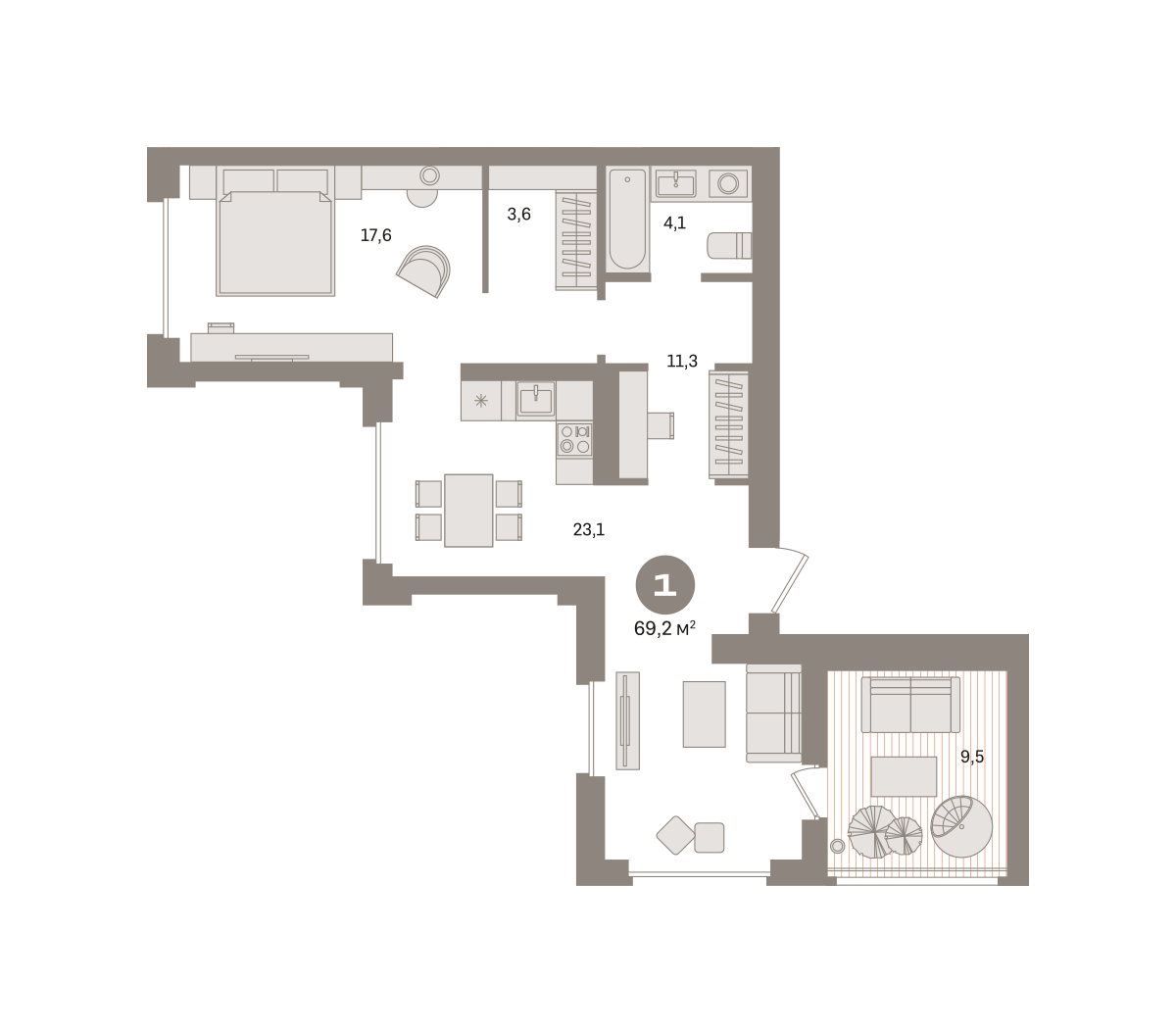 квартира со свободной планировкой, 69.2 м², 24 этаж  (из 24)