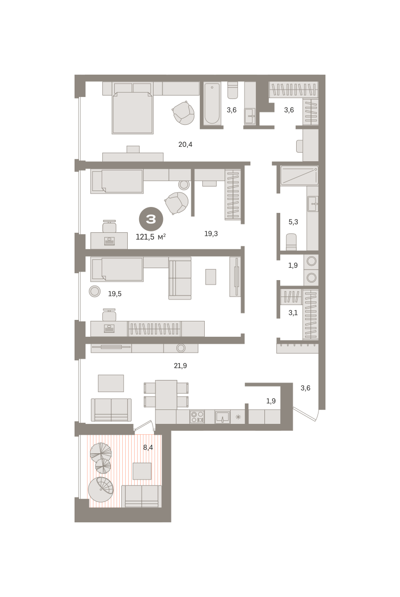 3 комн. квартира, 122.6 м², 29 этаж  (из 29)