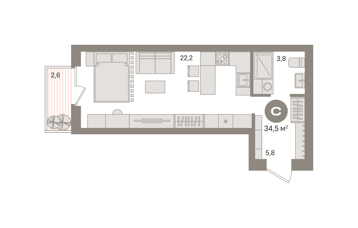 студия, 34.5 м², 18 этаж  (из 29)