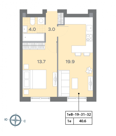 1 комн. квартира, 40.6 м², 32 этаж 