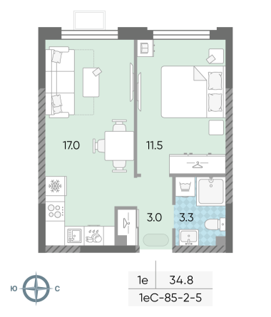 1 комн. квартира, 34.8 м², 3 этаж 