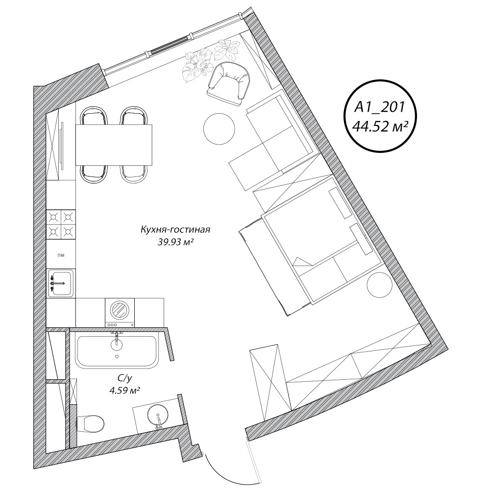 студия, 44.5 м², 2 этаж 