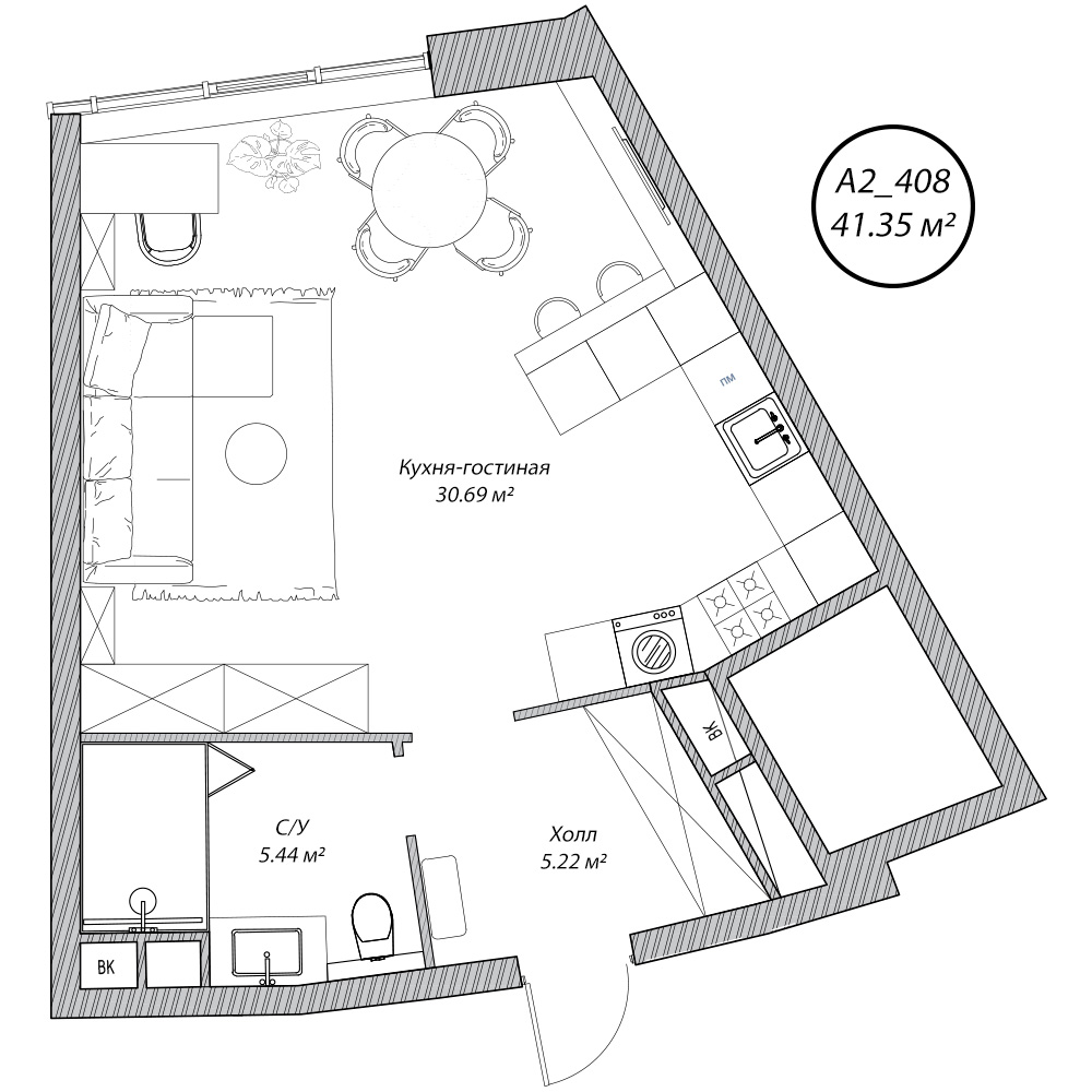 студия, 41.4 м², 4 этаж 