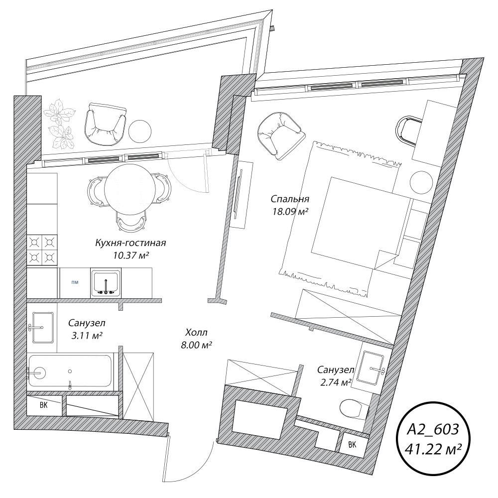 2 комн. квартира, 41.2 м², 6 этаж 