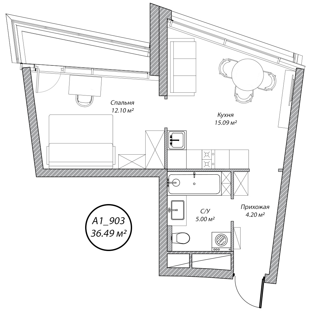 2 комн. квартира, 36.5 м², 9 этаж 