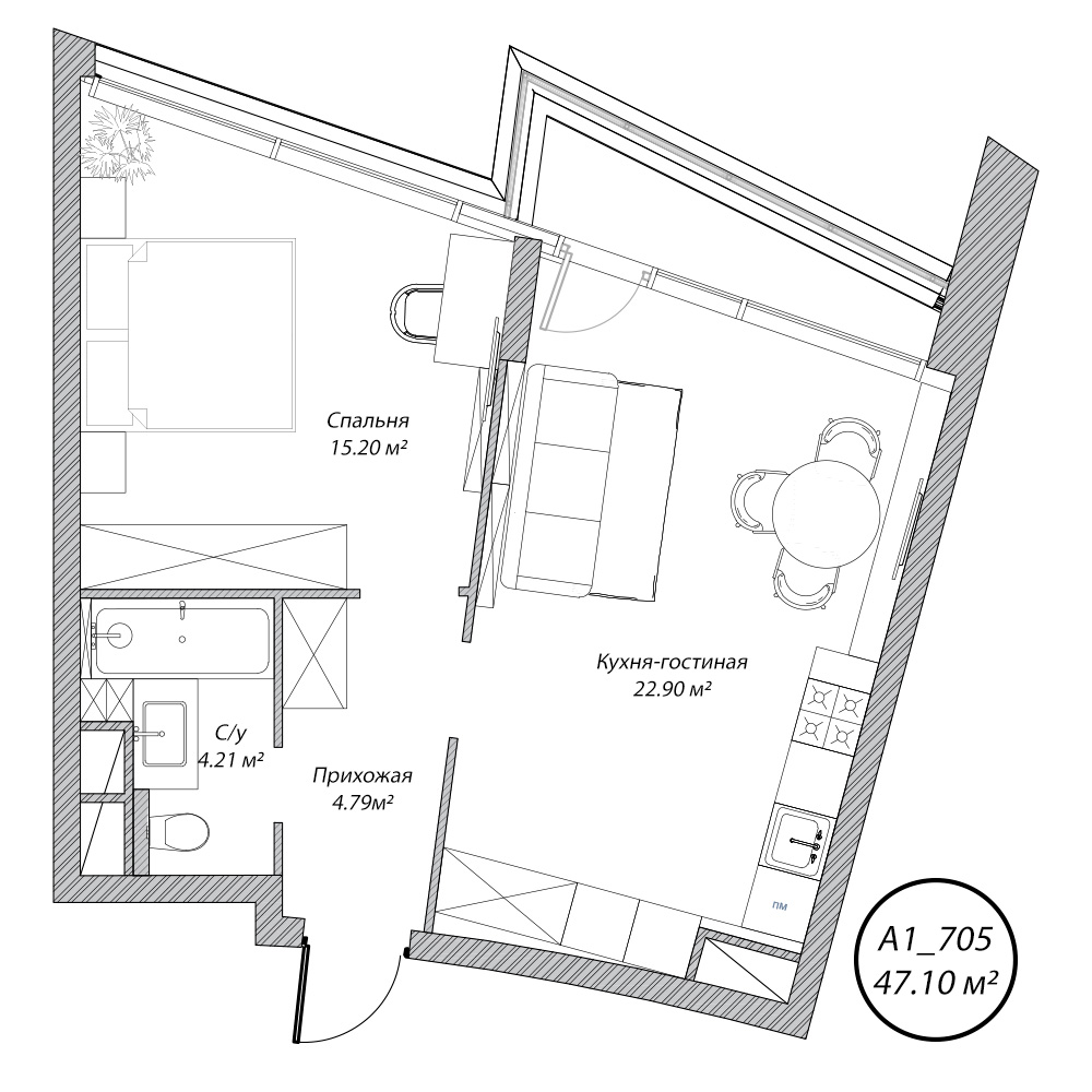 2 комн. квартира, 47.1 м², 7 этаж 