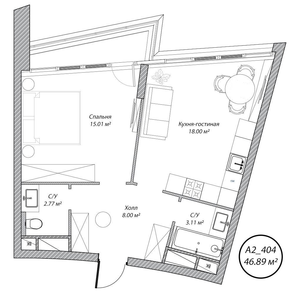 2 комн. квартира, 46.9 м², 4 этаж 