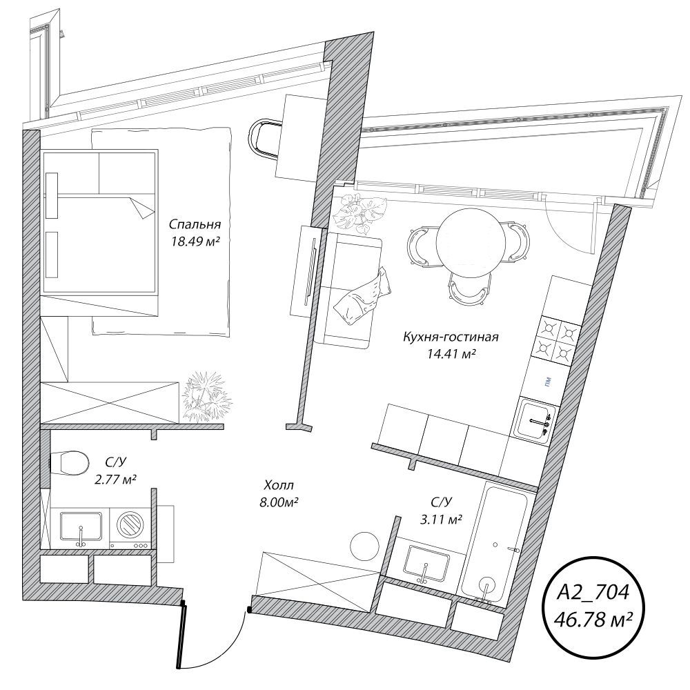 2 комн. квартира, 46.8 м², 7 этаж 