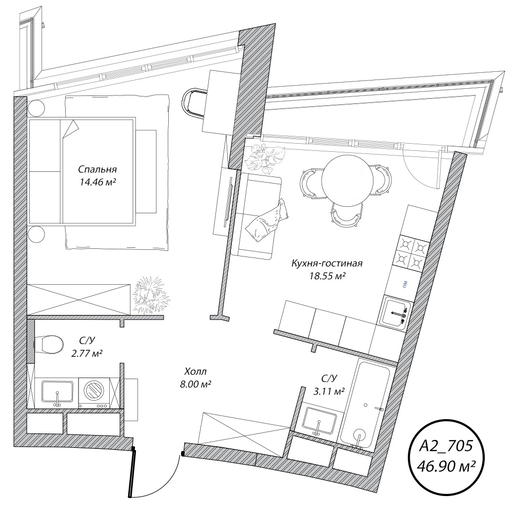 2 комн. квартира, 47 м², 7 этаж 