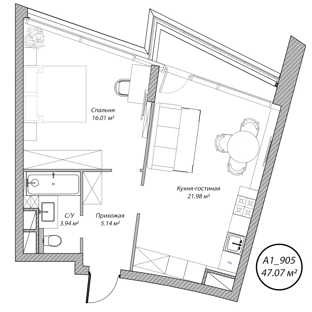 2 комн. квартира, 47 м², 9 этаж 