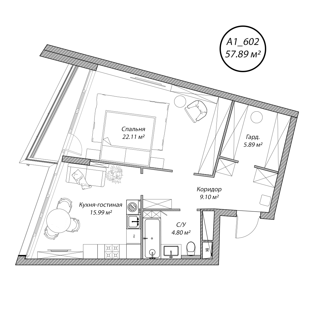 2 комн. квартира, 57.9 м², 6 этаж 