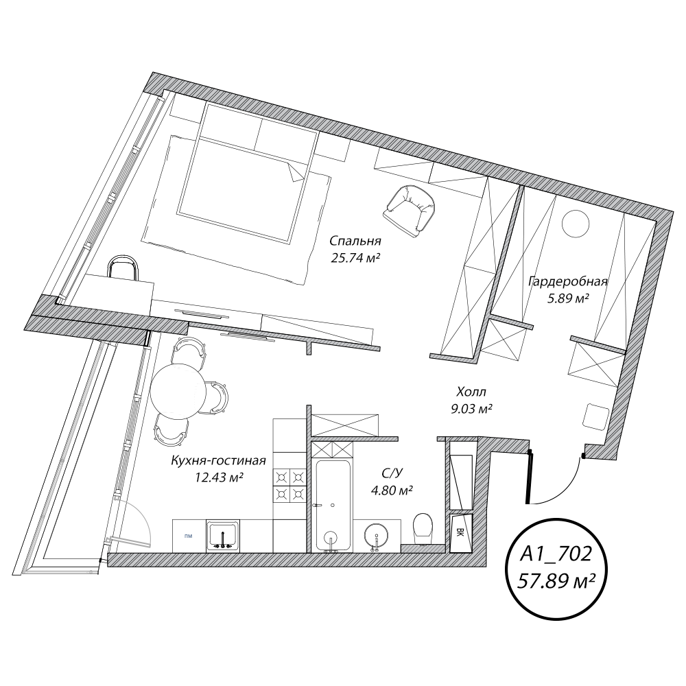 2 комн. квартира, 57.8 м², 7 этаж 