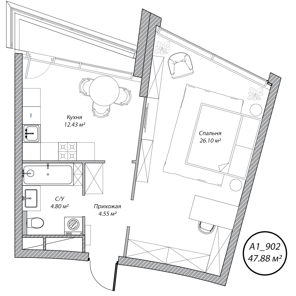 2 комн. квартира, 47.9 м², 9 этаж 
