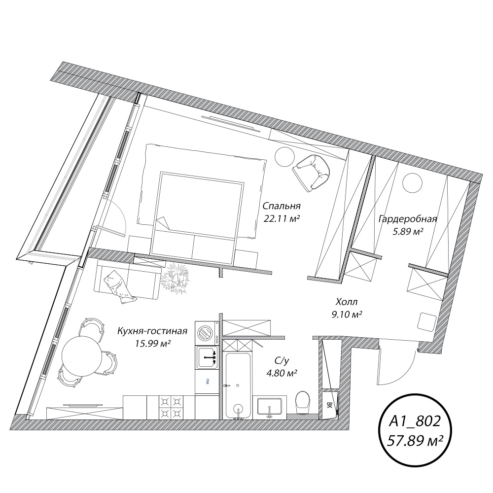 2 комн. квартира, 57.9 м², 8 этаж 