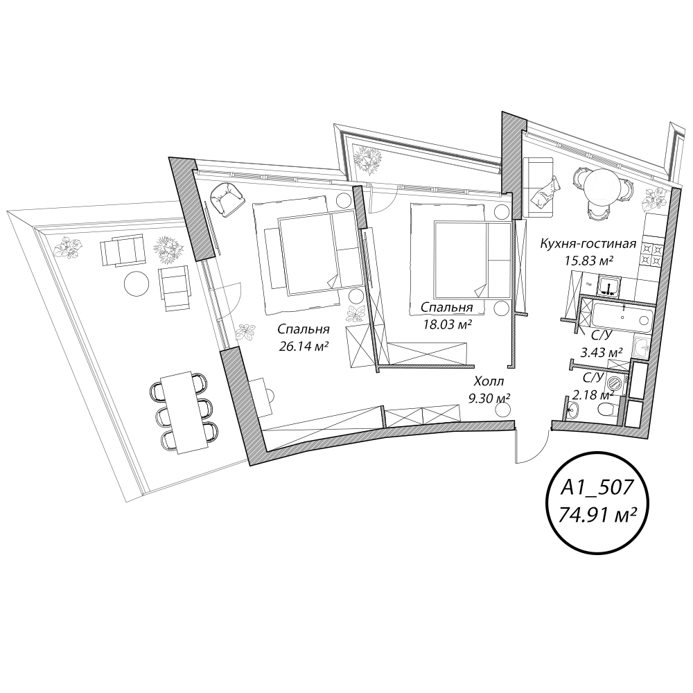 3 комн. квартира, 74.9 м², 5 этаж 