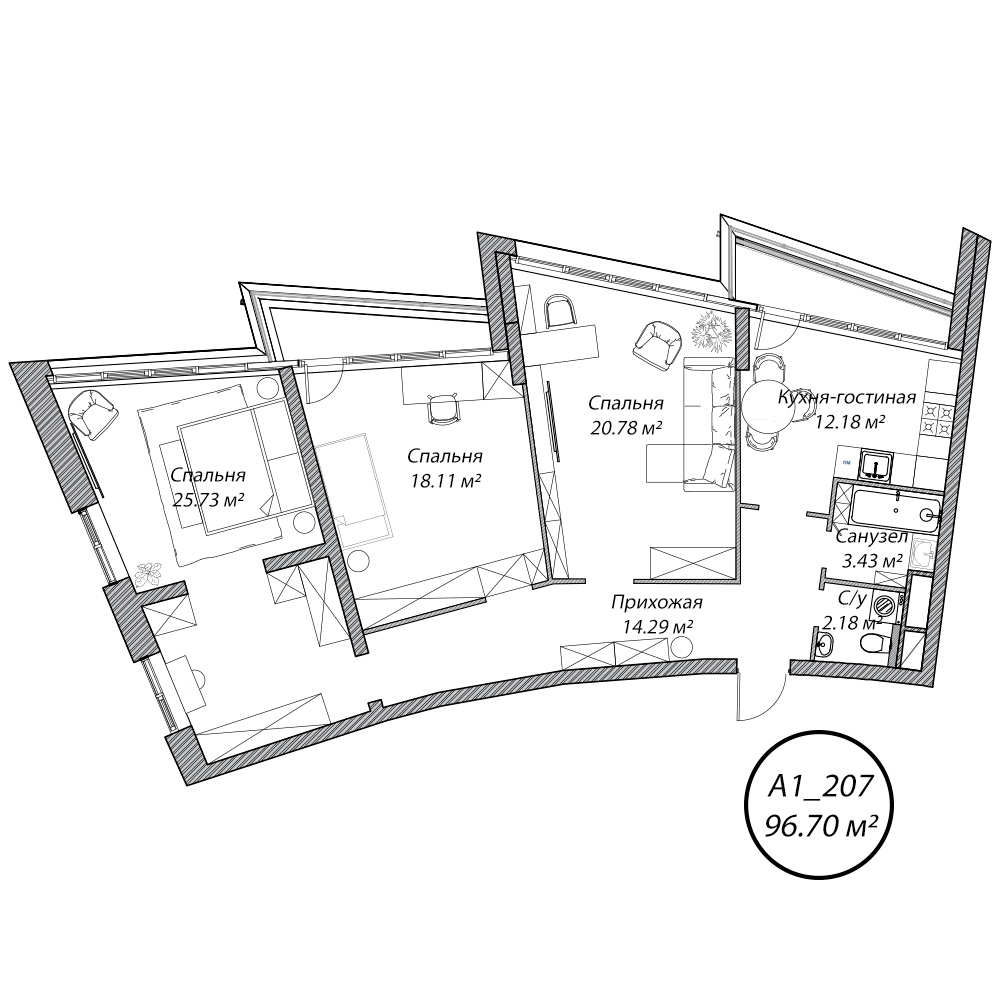 4 комн. квартира, 96.7 м², 2 этаж 