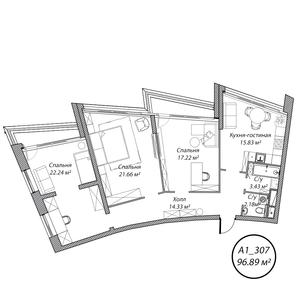 4 комн. квартира, 96.9 м², 3 этаж 
