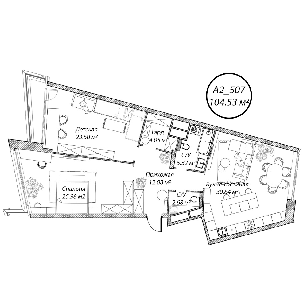 3 комн. квартира, 104.5 м², 5 этаж 