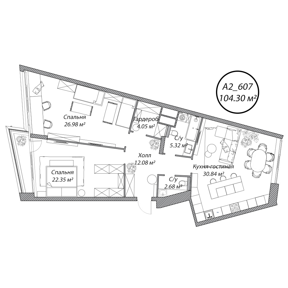 3 комн. квартира, 104.4 м², 6 этаж 