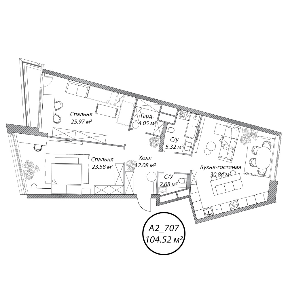 3 комн. квартира, 104.6 м², 7 этаж 
