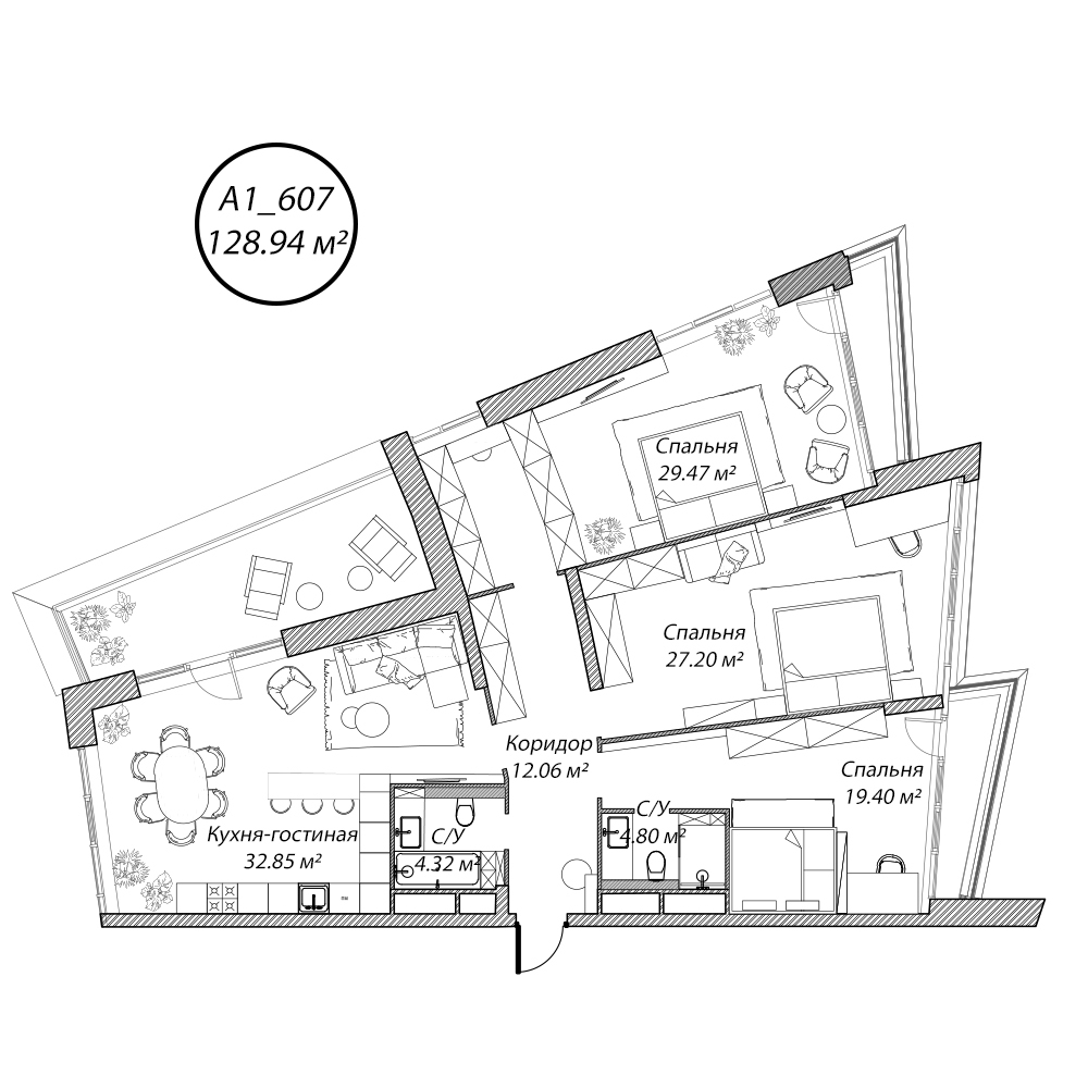 4 комн. квартира, 129 м², 6 этаж 