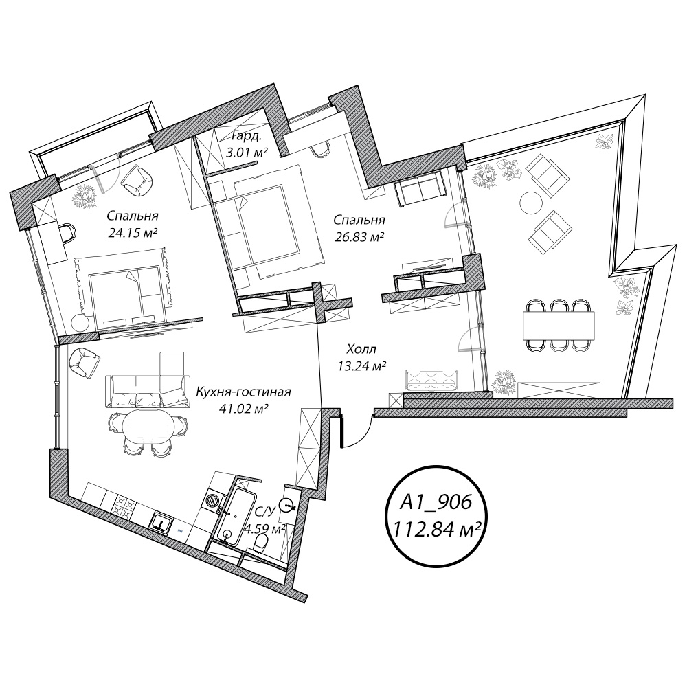 3 комн. квартира, 112.8 м², 9 этаж 