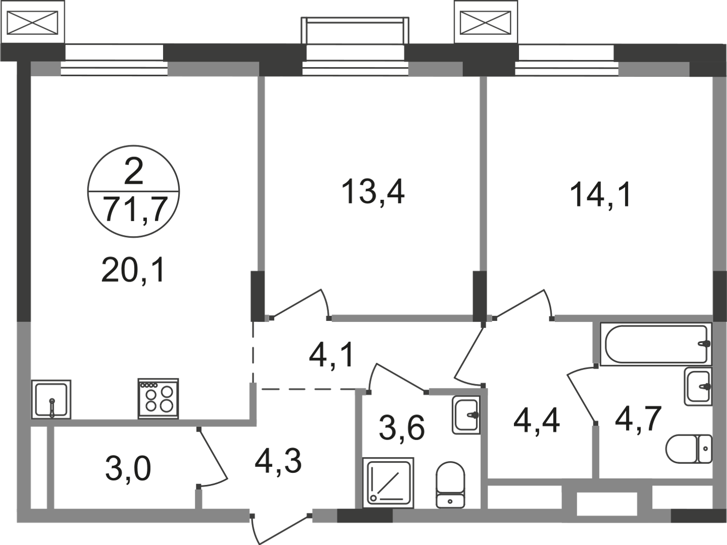 2 комн. квартира, 71.7 м², 7 этаж  (из 9)