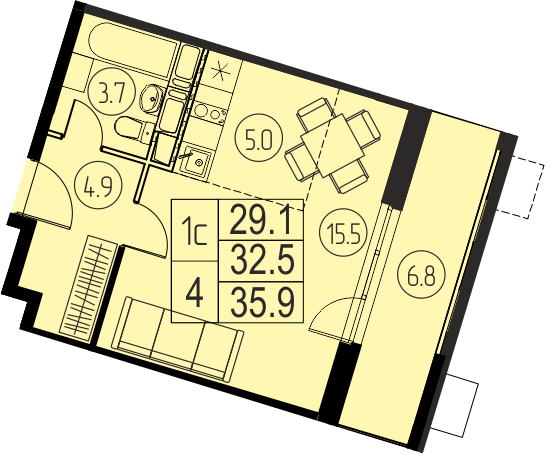 студия, 32.5 м², 9 этаж 