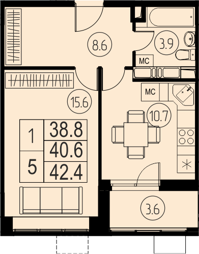 1 комн. квартира, 40.6 м², 17 этаж 