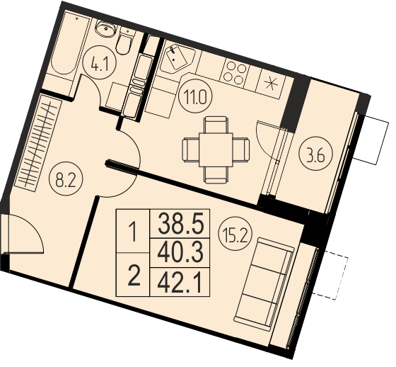 1 комн. квартира, 40.3 м², 15 этаж 